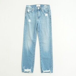 FRAME Le High Straight Ankle Laskey Rips Distressed Hem Light Wash Jeans Size 25